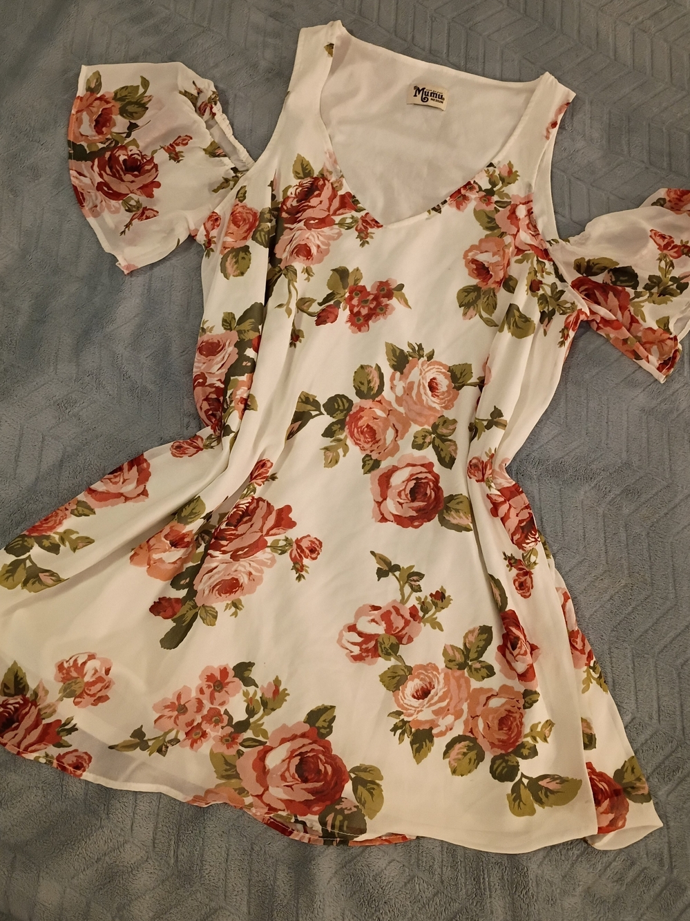 Show Me Your MuMu White Cold-Shoulder Mini Dress with Pink Rose Print